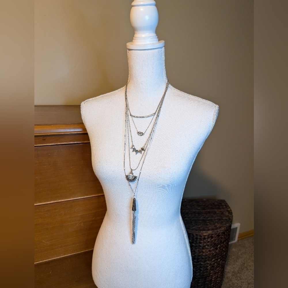 Five Tiered Multi-Stone Layered Silver Necklace